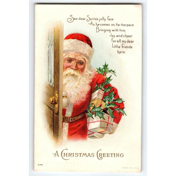 Vintage Santa Claus Christmas Greeting Postcard with Holly Gifts - Picture 1 of 2